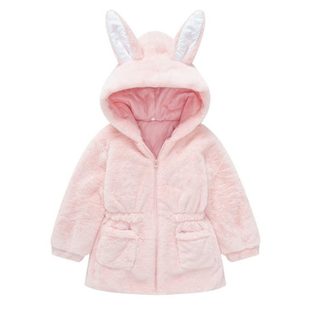 

TUOBARR Toddler Baby Girls Solid Color Plush Cute Rabbit Ears Winter Hoodie Thick Coat Pink(1-5Years)