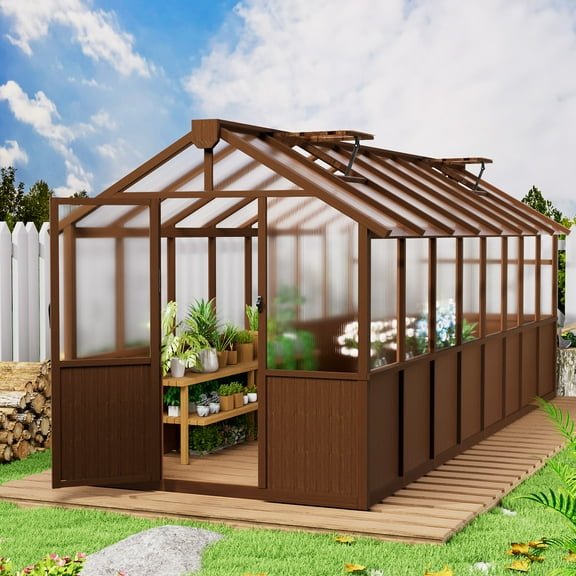 EASYHAWK 8 ft. x 16 ft. Wood Greenhouse for Outdoors, Polycarbonate Panel Wooden Walk-In Greenhouse Kit with Adjustable Roof Vent, Backyard Garden & Patio