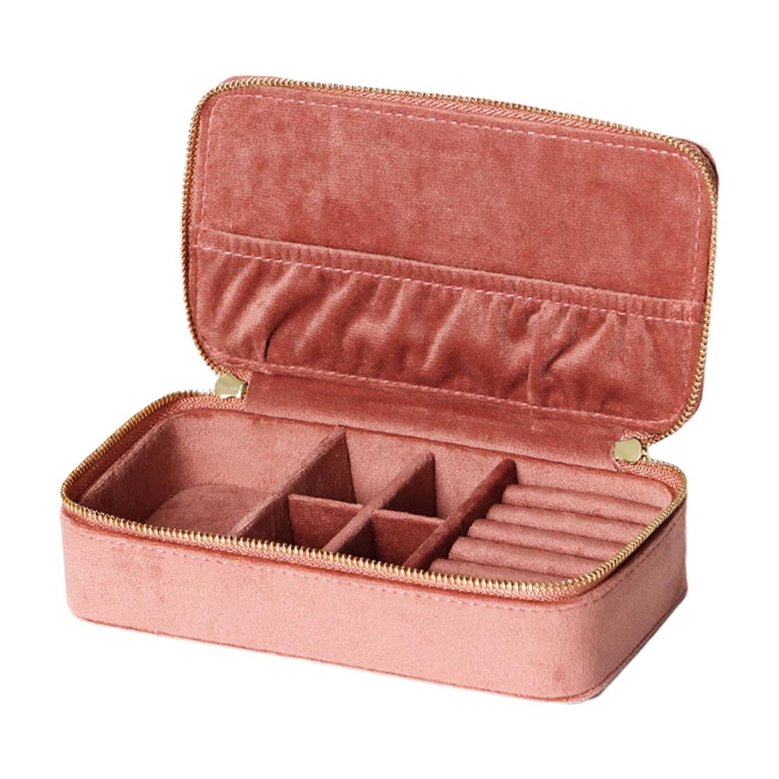 FVDPWYE Jewelry Box Organizer Dual Zippers Removable Partition Traveling Portable Velvet Pink
