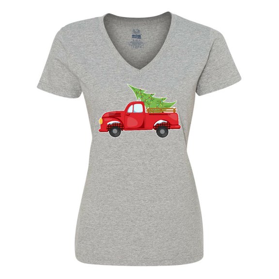 Inktastic Christmas Vintage Truck with Christmas Tree Women's V-Neck T-Shirt