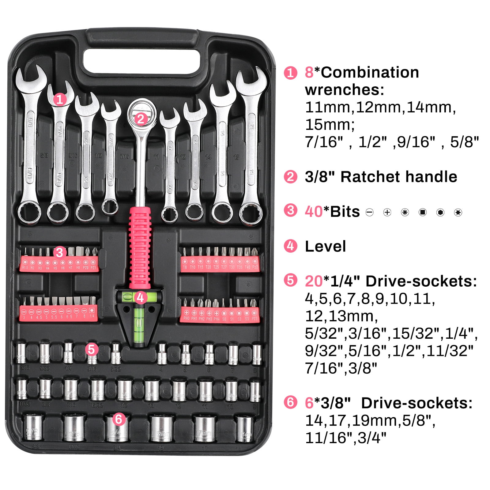 TLGREEN 95-Piece Mechanics  Tool Set, Car Tool Kit with Adjustable Wrench, Pliers, Sockets & Bits  (Pink)