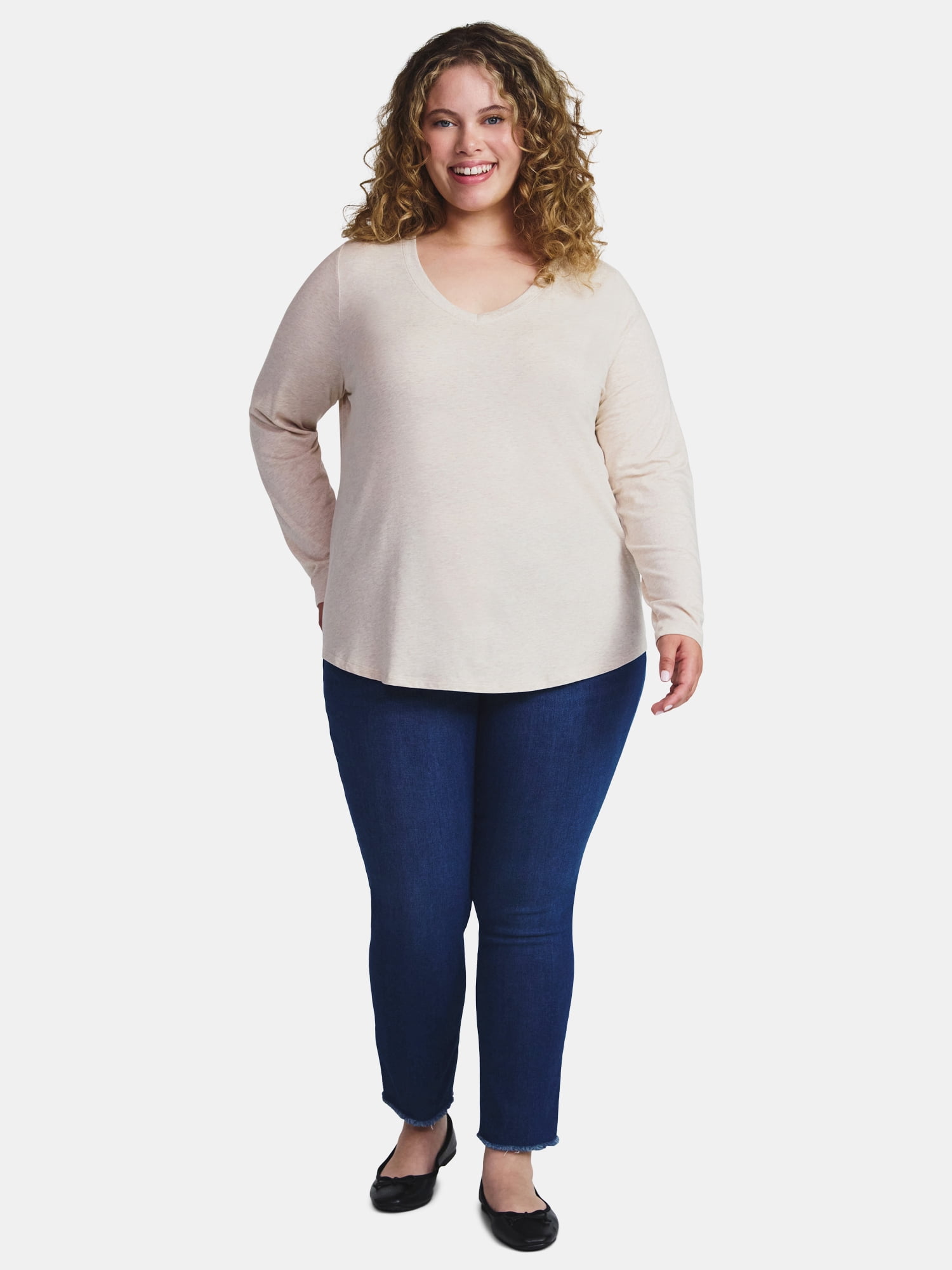 Terra & Sky Women's Plus Size V-Neck Tee with Long Sleeves, Sizes 0X-5X