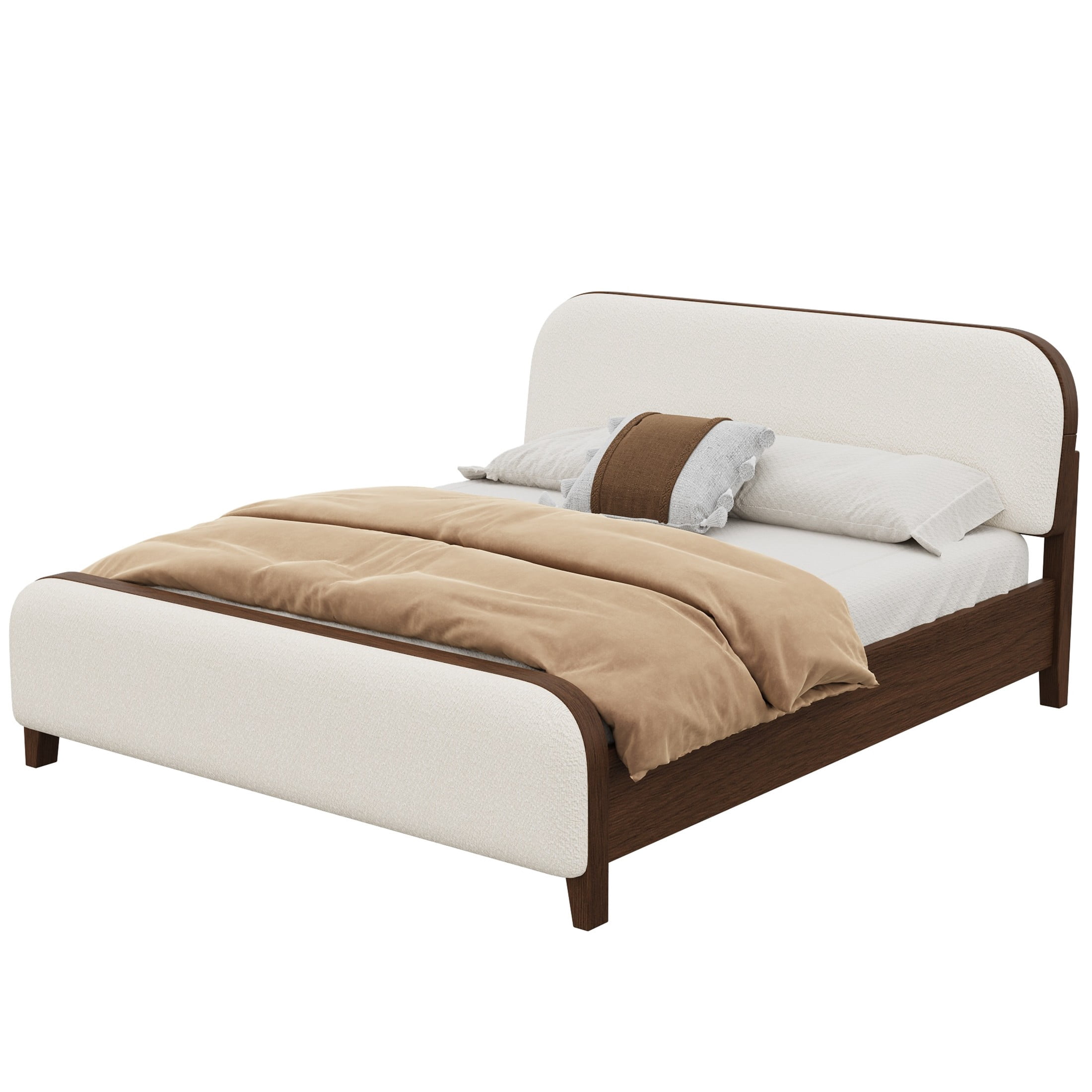 Christopher Knight Home King Upholstered Platform Bed Frame, Rounded Headboard & Footboard, Brown+Off White