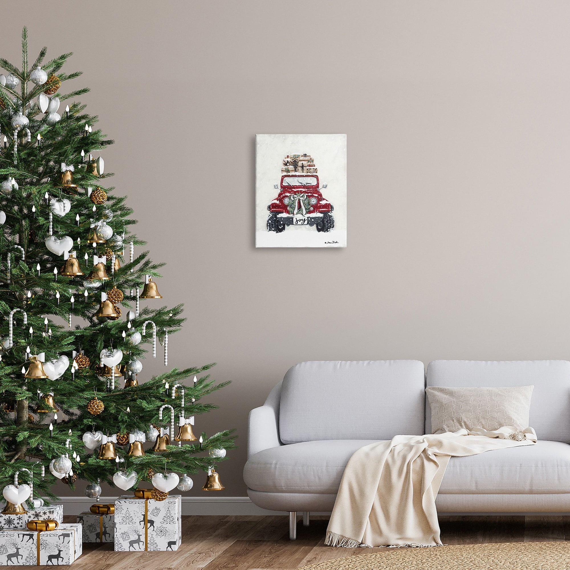 Festive Red Truck Christmas Presents Snowscape Flurry Transportation Painting Gallery-Wrapped Canvas Print Wall Art