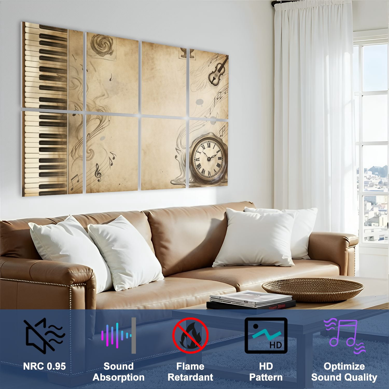 Musical 8 Pack Art Acoustic Panels Sound Absorbing Vintage Musical Piano Keys Violin Sheet Music Clock Sepia Decorative Soundproof Wall Panels Self Adhesive for Game Room Music Classroom 48"x32"