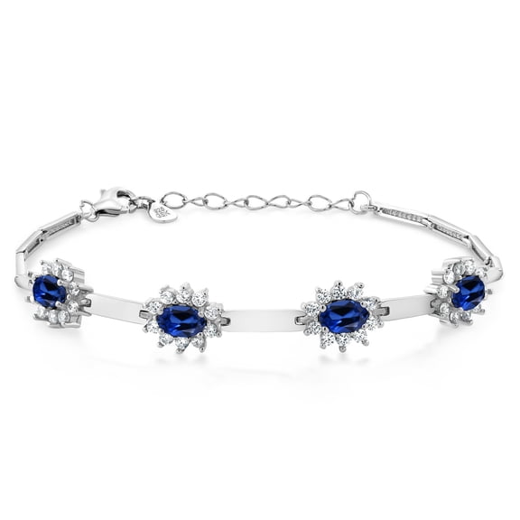 Gem Stone King 925 Sterling Silver Blue Created Sapphire and White Created Sapphire Bracelet for Women (4.00 Cttw, Gemstone September Birthstone, Oval 6X4MM, 7 inch 1 inch Extender)