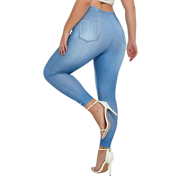 Bellella Women Fake Jeans High Waist Leggings Tummy Control Faux Denim Pant  Soft Skinny Jeggings Running Pencil Pants Blue C M 