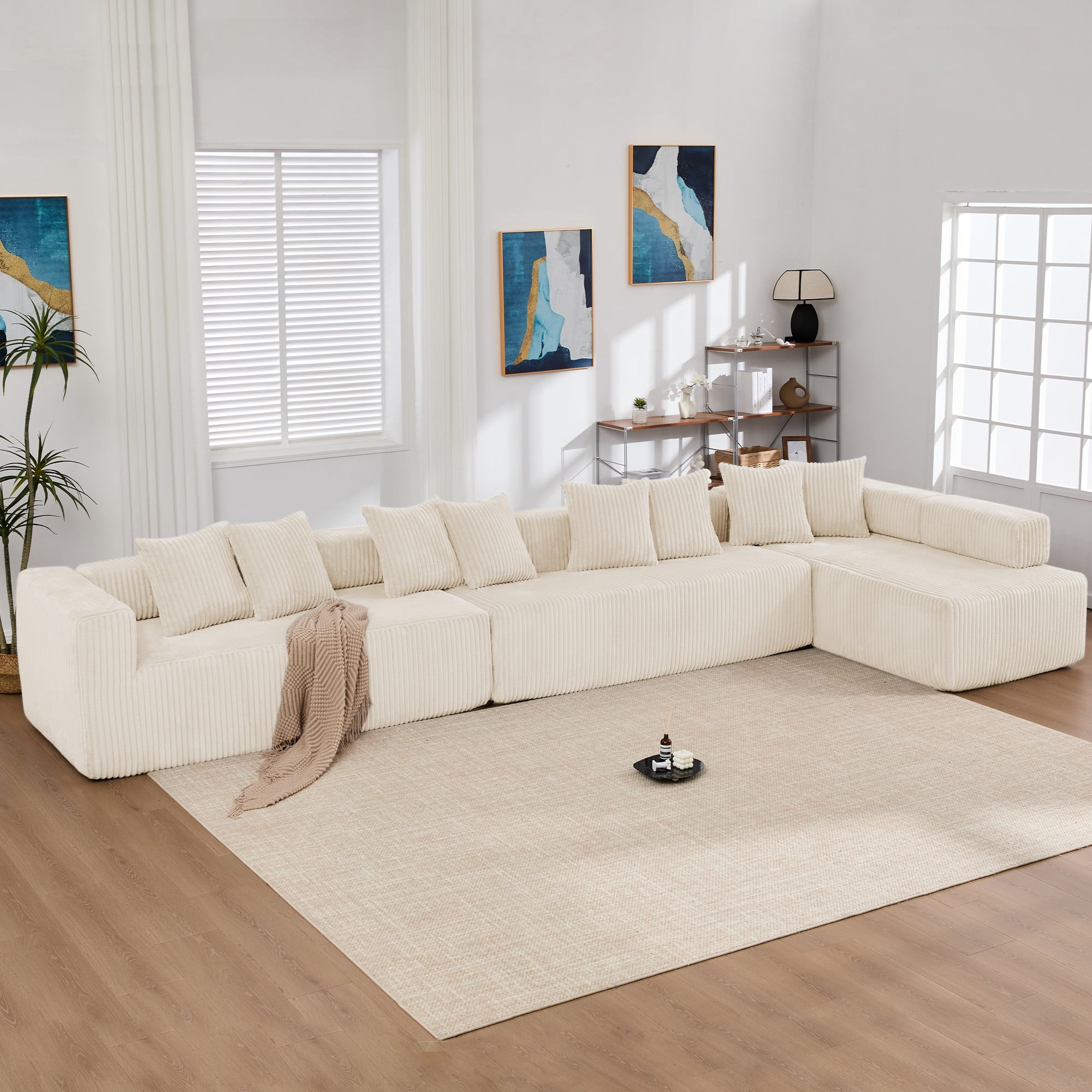 LLappuil 146" Sectional Sofa, U Shaped Sectional Couch with Chaise, 5 Seat Corduroy Sofa Convertible Sleeper Sofa Bed for Living Room Beige