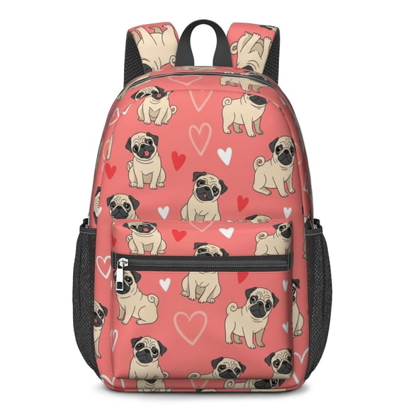 Pug and Hearts Pink Pattern 17" School Backpacks for Teens,Waterproof Oxford Fabric,S-Shape Padded Straps for School,Travel,Hiking,Camping