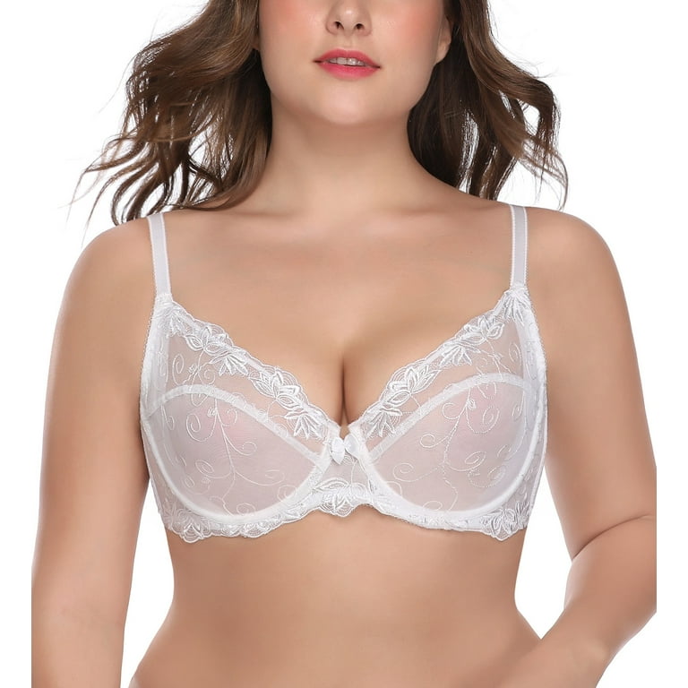 Deyllo Women's Sheer Lace Non Padded Full Cup Underwire Plus Size Bra,  White 44D