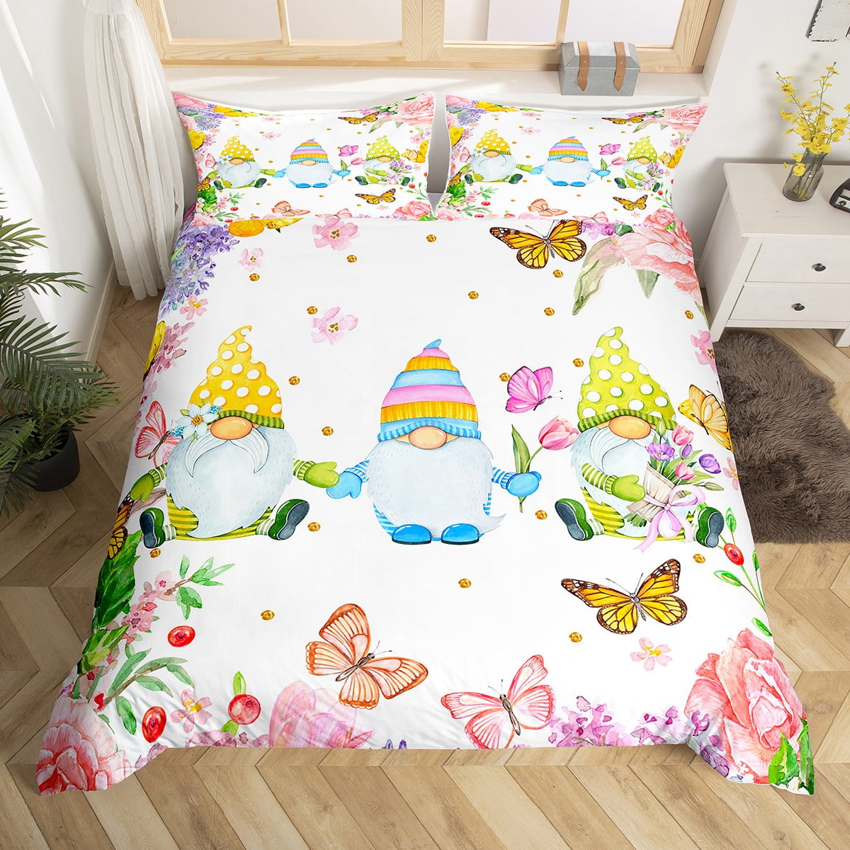 Spring Flower Duvet Cover Gnomes Bedding Sets Queen Size Colorful ...