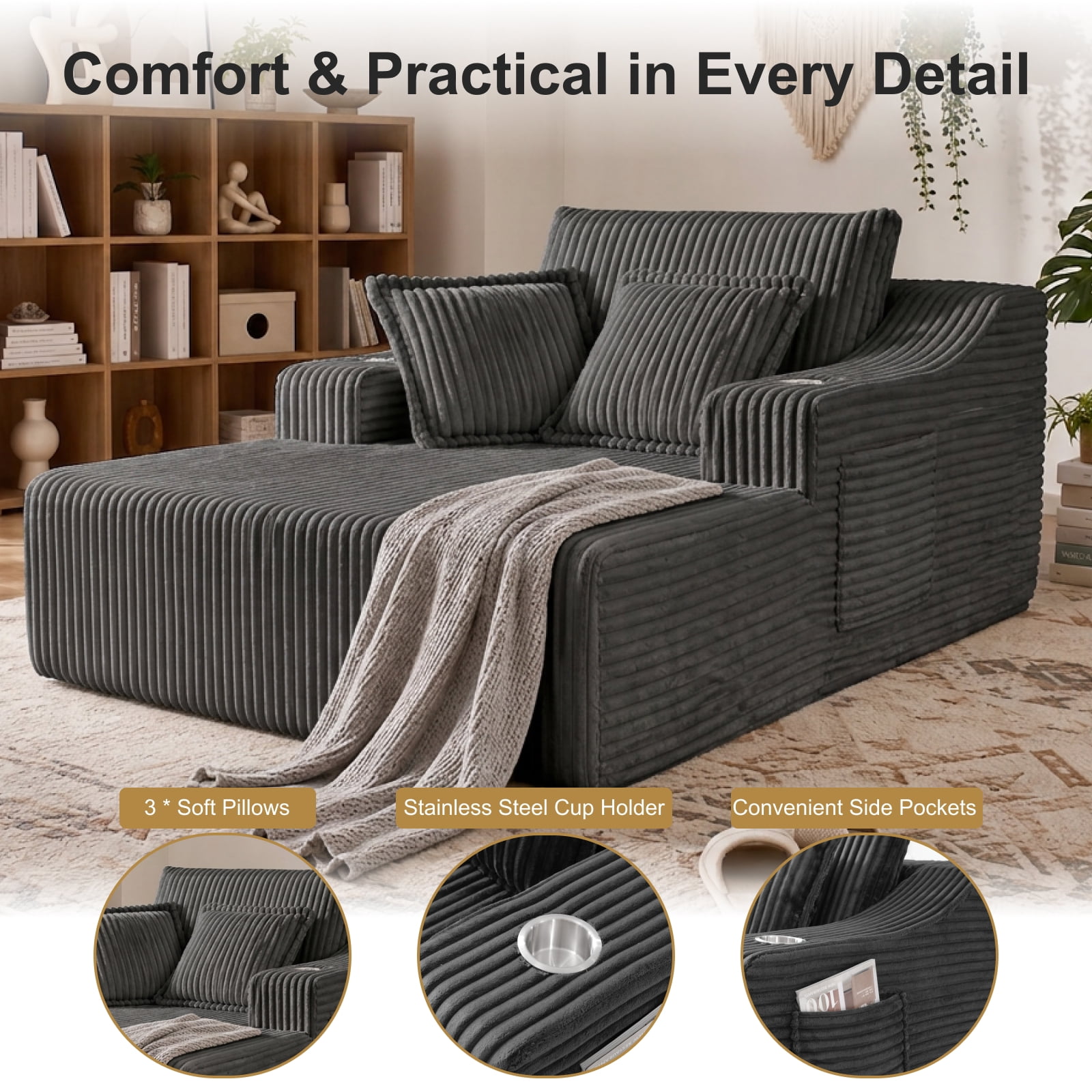 47" Wide Oversized Single Chaise Lounge Chair, 67'' Sleeper Sofa Bed with Cup Holders & 3 Pillows