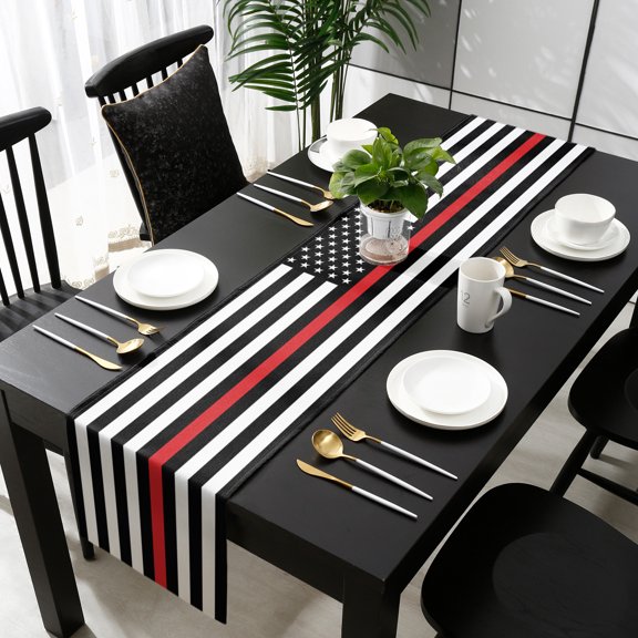 Red White Stripe Fireman American Flag Cotton Linen Table Runner 13 x 90 inch Fire Fighter USA Flags Non-slip Rectangular Dining Table Decor for Wedding Party Holiday Dinner