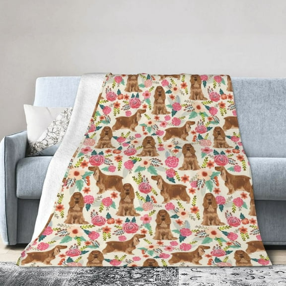 Cocker Spaniel Dogs Lovers Flower Floral Blanket Gifts For Kids Adults - Lightweight Throw Blanket For Bedroom Living Room Decor Soft Fuzzy Fleece Cozy Plush Bed Couch 40"X30"