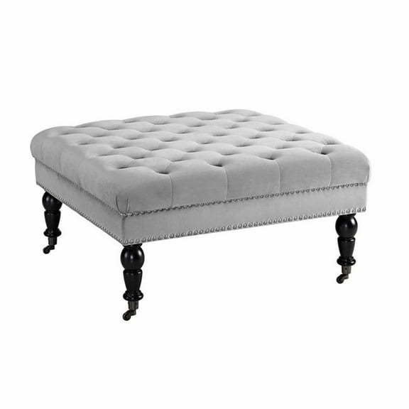 Riverbay Furniture Velvet Square Tufted Ottoman in Gray
