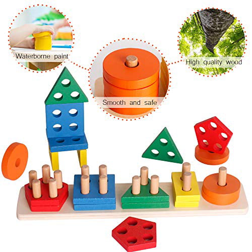 Learn Color and Shape R Wooden Montessori Educational Sorting and Stacking Toy 