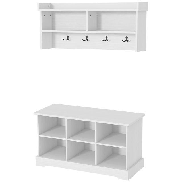 CoSoTower Coat Rack Shoe Bench Set, Entryway Shoe Bench with 8 Storage Cubbies, 4 Hooks for Hallway, Living Room, White