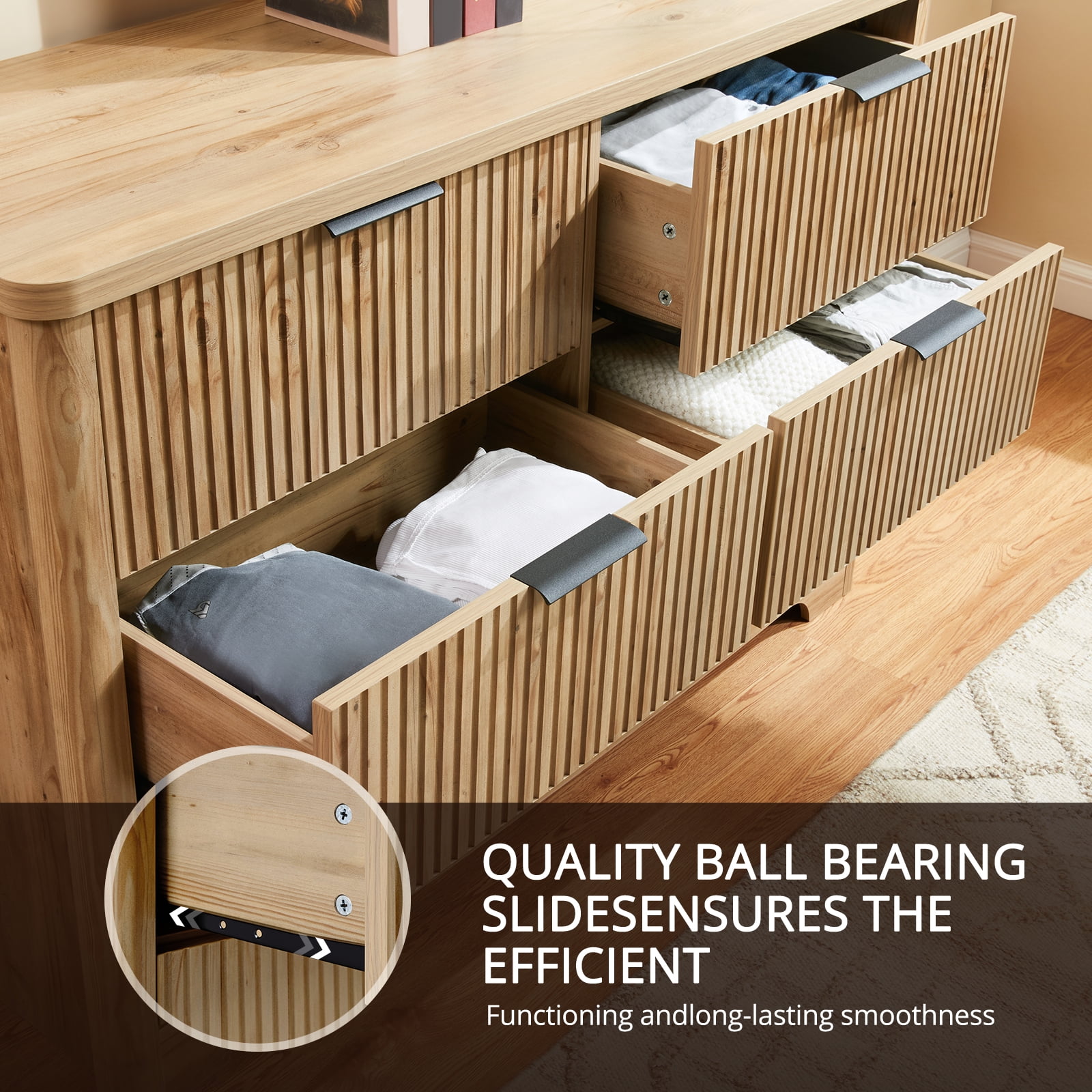 CHITOOMA Fluted Dresser for Bedroom, Modern Wooden 6 Drawer Dresser, Storage Cabine Chest of Drawers for Living Room Hallway, Natural