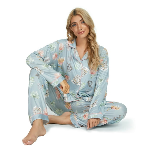 Beautiful Long Sleeve Pajama Sets Women Skin Friendly Pajama Sets Soft Lace  Breathable Button Down Women Outdoor Pajama Set (M) at  Women's  Clothing store