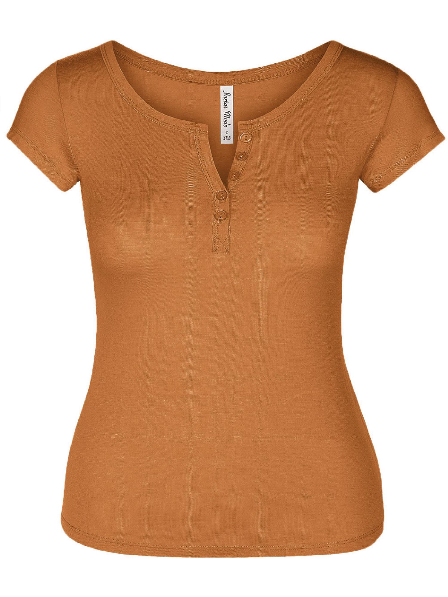 Made by Olivia Women's Basic Henley Short Sleeve Deep VNeck Button
