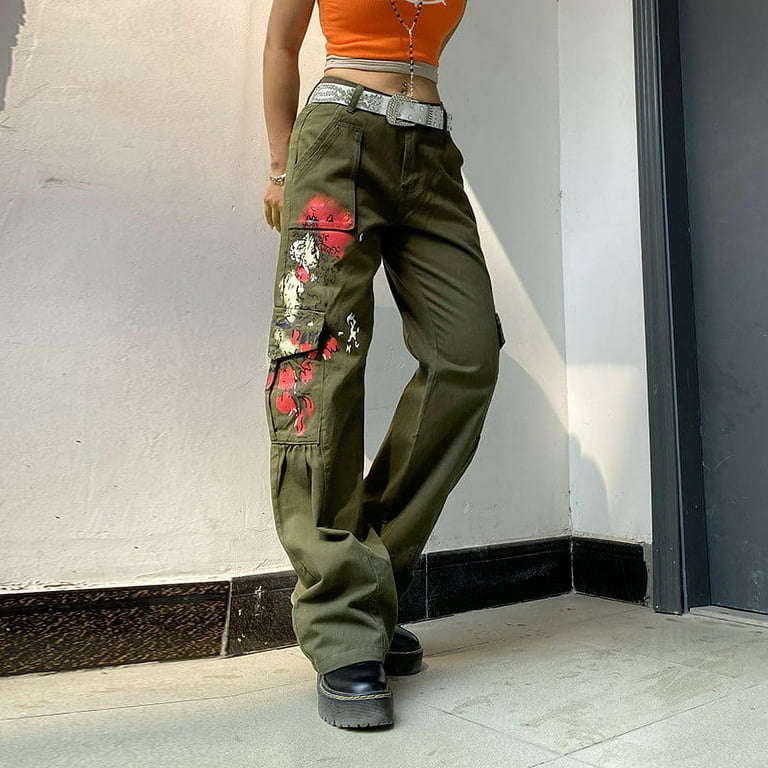 BVnarty Cargo Pants for Women Comfy Lounge Casual Mid Denim Fray Hem Jeans Solid  Color Fashion Fall Winter Long Trousers Pocket Army Green S 