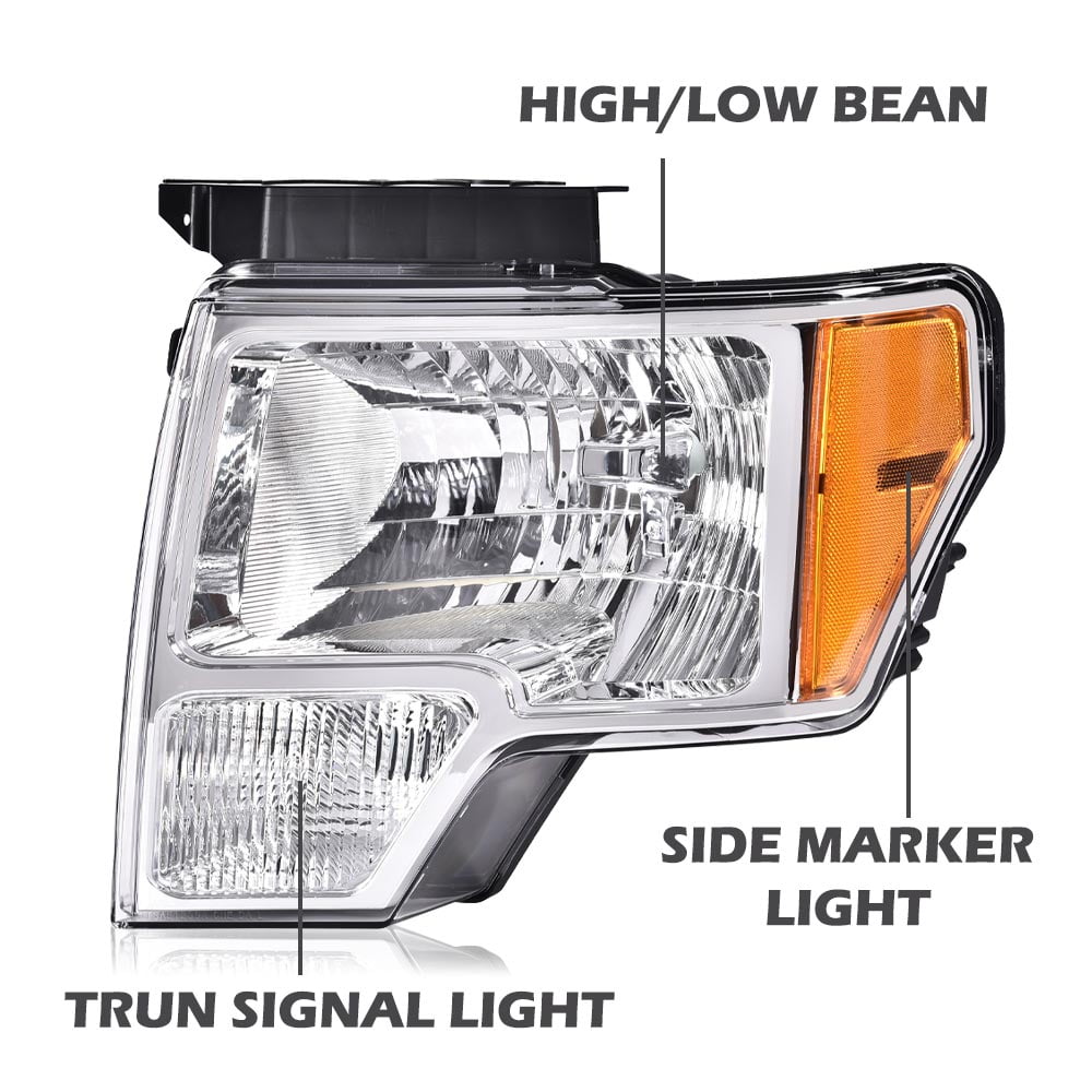 CROSSDESIGN Headlights Chrome Headlamps Pair Fit for Ford F150 2009-2014