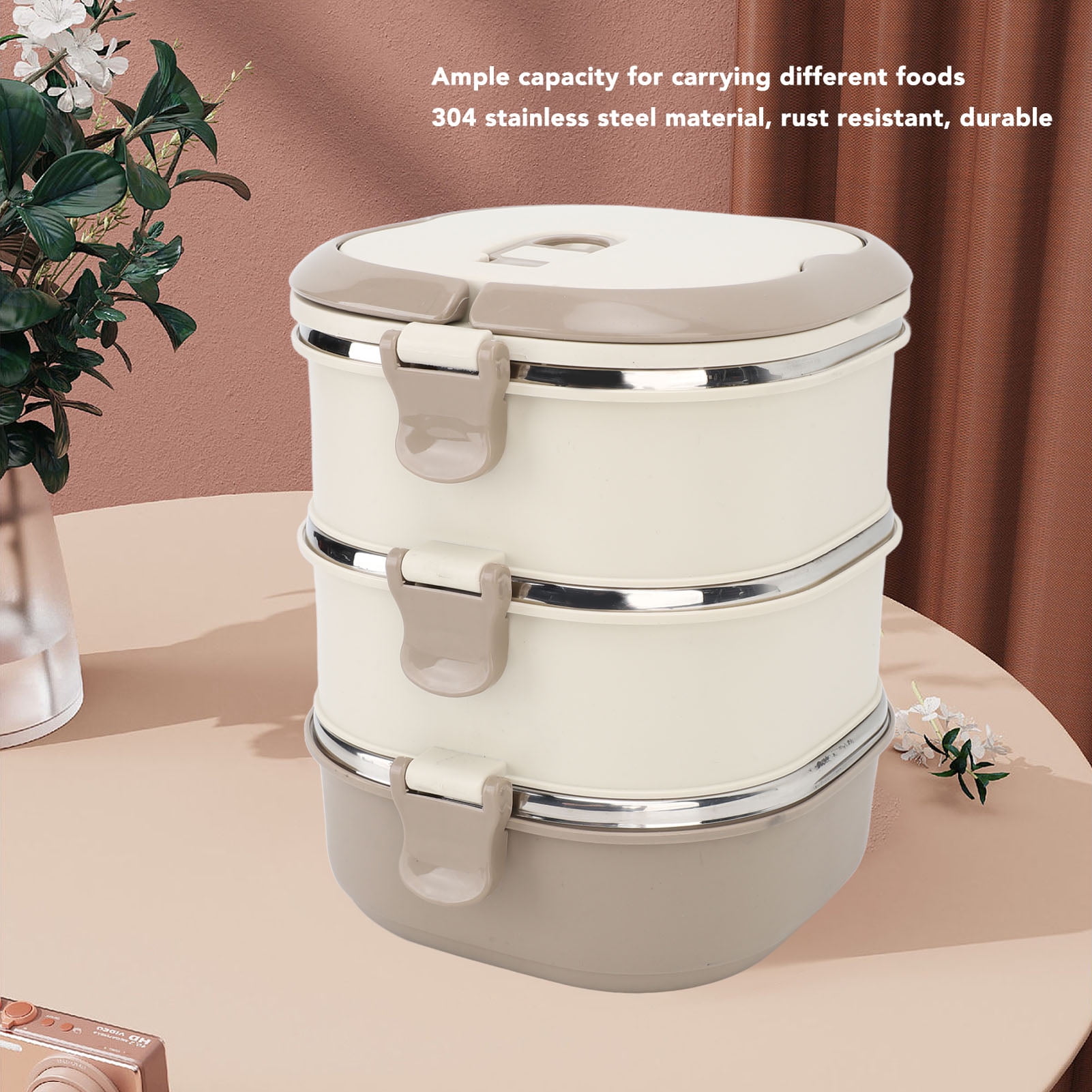 Rupoun 304 Stainless Steel Insulated Bento Box Portable 3-Layer Lunch Container with Spoon, 7.87 inches / 20 cm