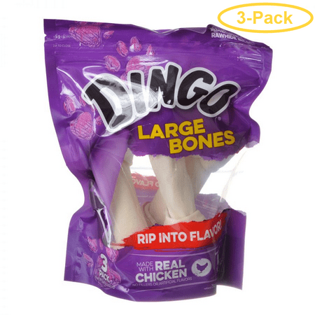 Dingo Meat in the Middle Rawhide Chew Bones (No China Sourced Ingredients) Large - 3 Pack (8.5 Bones) - Pack of