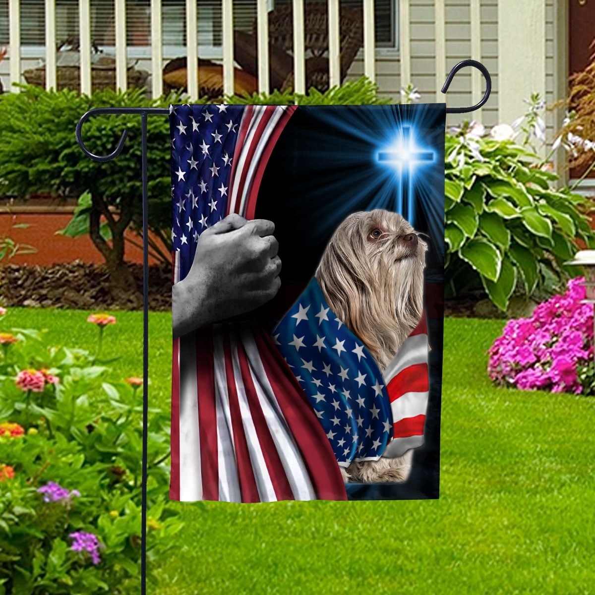 Hand Pulling USA Flag Shih Tzu Dog Wearing Flag American Standing under Cross Christian Patriotic House Flag (3x5) Double Sided- Premium Polyester-Decorative Indoor Outdoor Flag