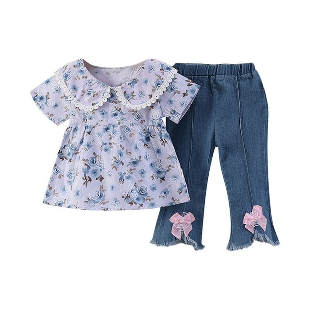 Économies d'Été! HVOBTTY Ensemble Décontracté 2 Pcs à Manches Courtes pour Filles, Ensemble de Chemise Décontractée Confortable d'Été pour Enfants avec Petit Imprimé de Fleurs, Manches Courtes Courtes et Jeans à Revers pour Enfants Bleu, 3-4 Ans