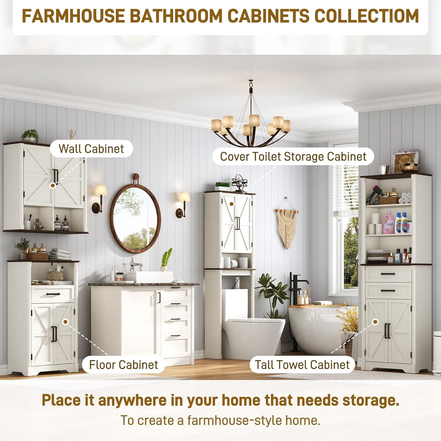 Farmhouse Wall Medicine Cabinets with 2 Barn Doors, Wood Bathroom Storage Cabinet with Roman Column Decor,Farmhouse Double Storage Cabinets with Adjustable Shelf & Door Cabinets, Rustic White