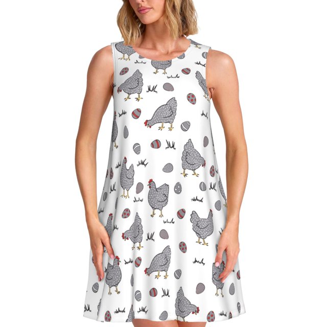 Easygdp Funny Chicken para Vestido Transpirable de Mujer, Vestido Suelto de Manga Corta con Pliegues y Bolsillos para el Verano
