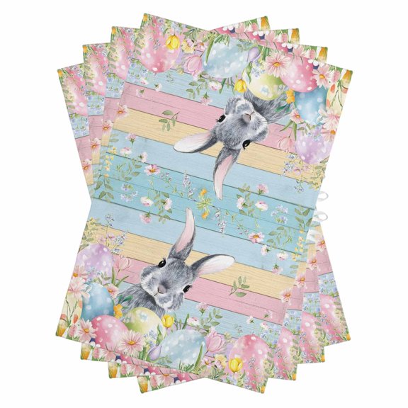 Easter Kitchen Towels Set of 4, Water Absorbent Dish Towel, Spring Bunny Eggs Flowers Colorful Wooden Grain Decorative Hand Towels - Quick Drying Cloth for Cooking Baking, 18x28 Inch