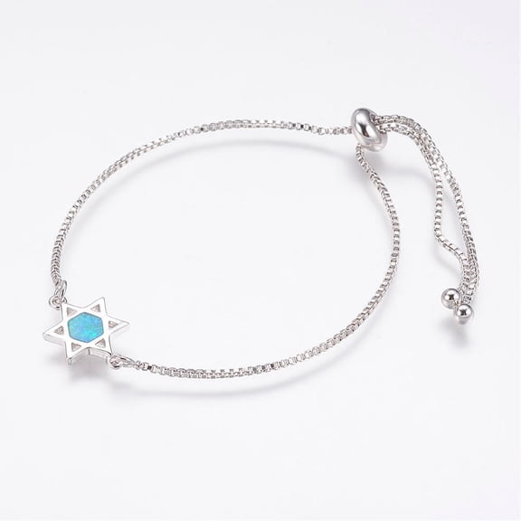 3 pc Long-Lasting Plated Adjustable Brass Slider Bracelets Bolo Bracelets with Opal for Jewish Star of David Platinum 9-1/4 inch(235mm)