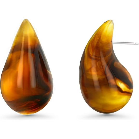 PRIYAL Brown Teardrop Water Drop Oval Chunky Colored Resin Tigers Eye Gemstone Statement Earrings for Women, Bold Drop Handmade Exaggerated Irregular Trendy Bohemian Stud Jewelry Gifts