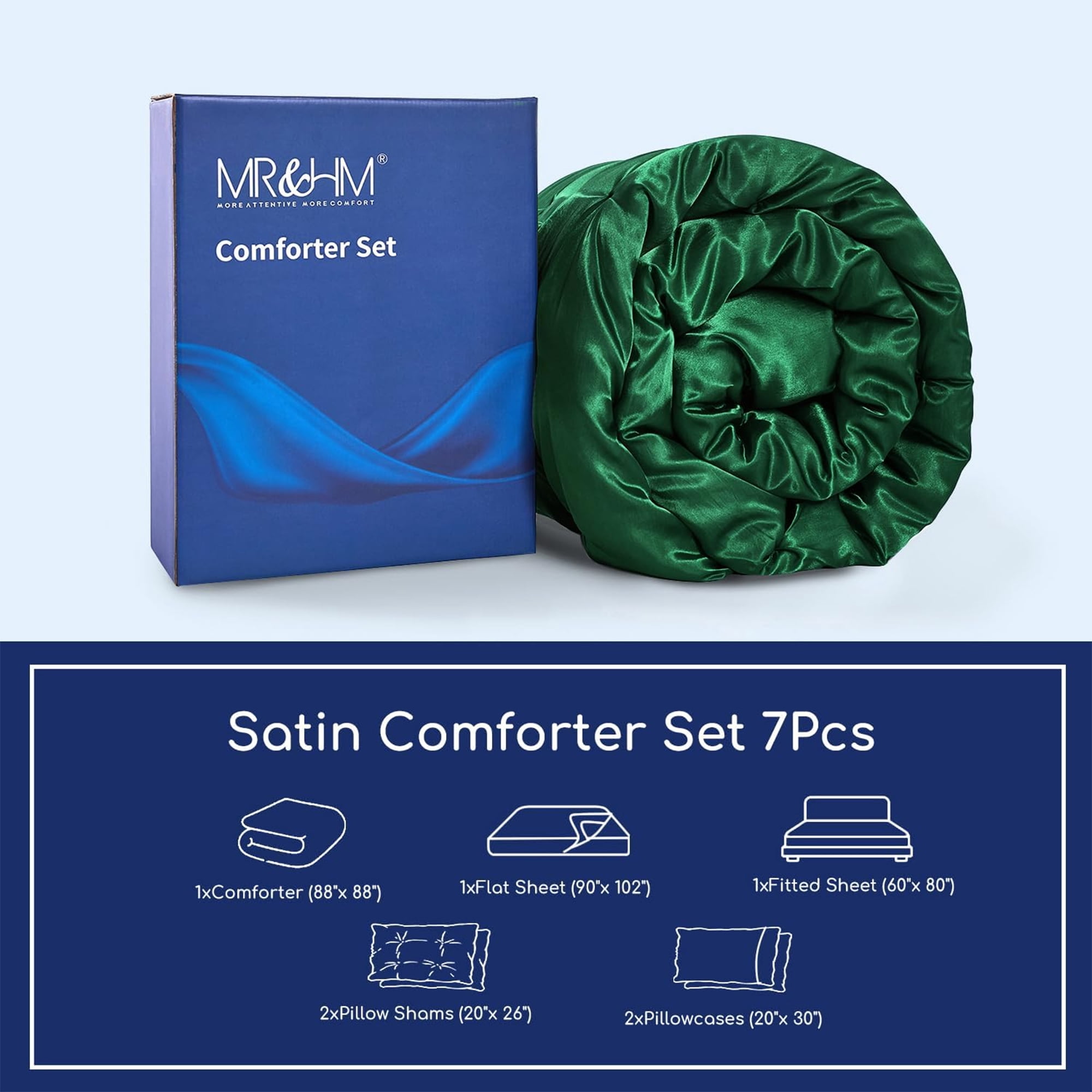 MR&HM Satin Comforter Set 7 Pieces Queen Size - Luxurious Pinch Pleat Bed in a Bag with Satin Comforter, Satin Sheets, Satin Pillowcases & Shams, Silky Soft Bedding Set for All Seasons (Dark Green)