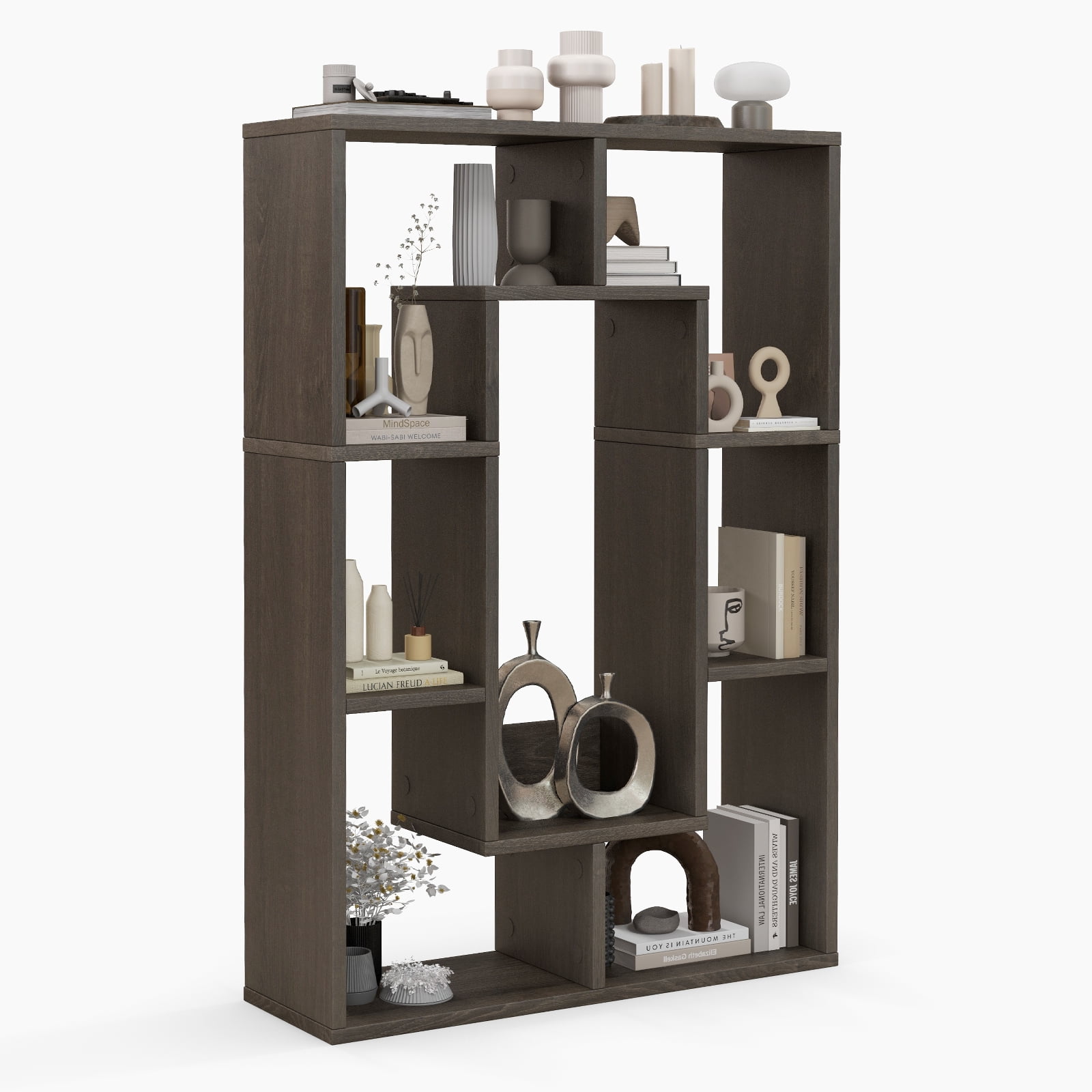 Giantex Wood Geometric Bookshelf, Freestanding Open Bookcase w/7 Cubes, Storage Display Rack for Home Office, Gray