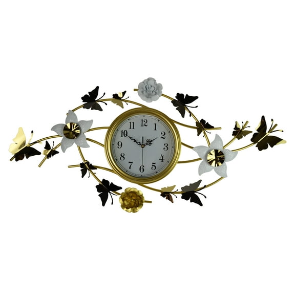39" Metal Gold and White Butterfly and Flower Wall Clock