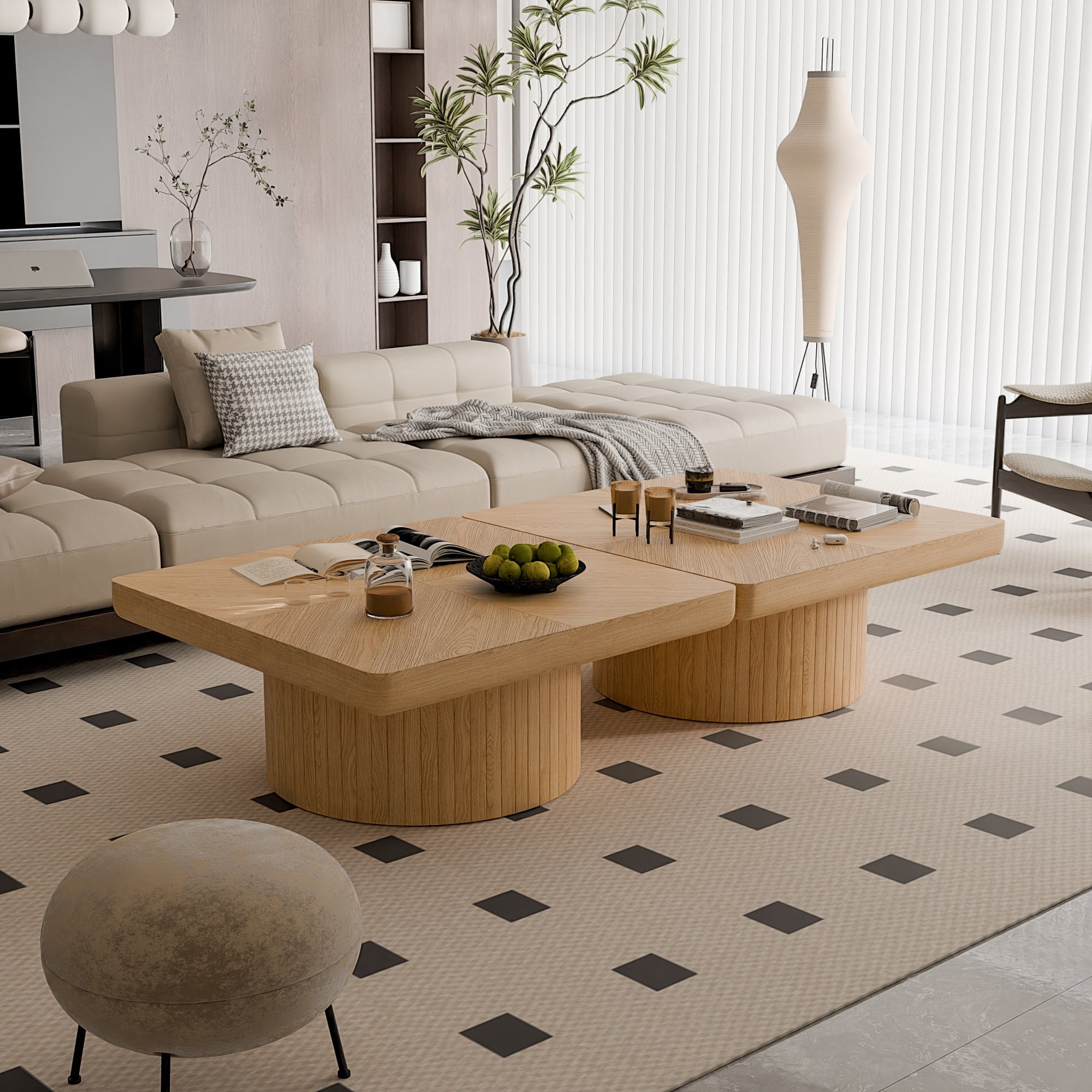34.6'' Square Coffee Table with Fluted Cylindrical Base, Solid Wood End Table with Thickened Tabletop, Modern Cocktail Table