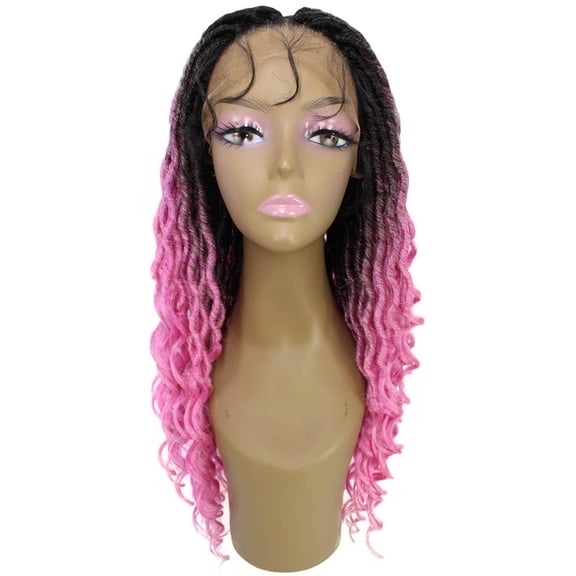 LUXLUXE Andrea 19" Black and Dark Pink Wig for Adult Women Curly Layered Long 4X4 Hand Tied Lace Braid Braided Wigs Heat Resistant Synthetic Hair Wigs