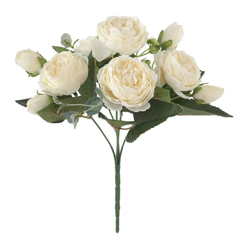 Roses Artificial Peony Fake Silk Flowers White Bridal Wedding Bouquet Home Decor 