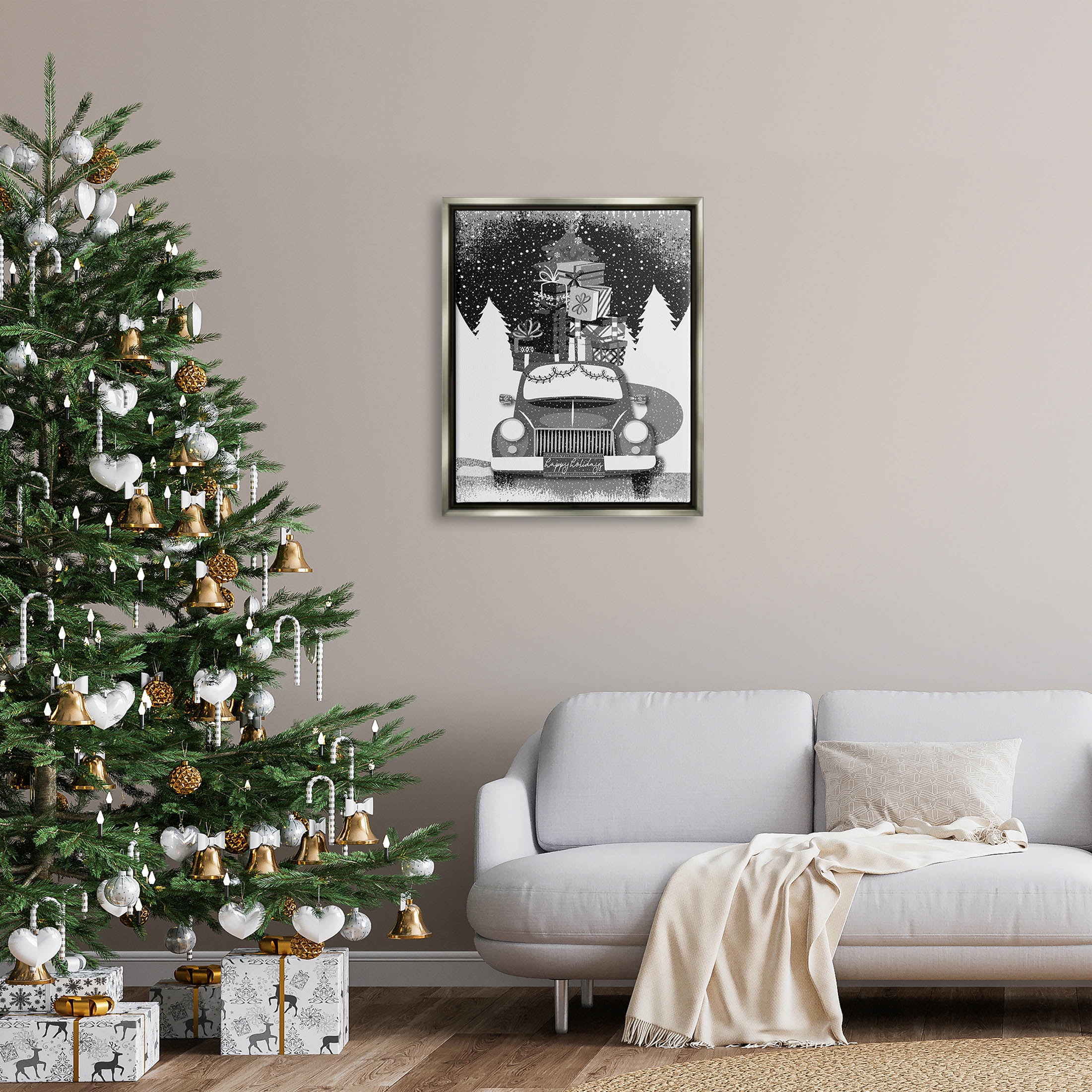 Stupell Industries Happy Holidays Gifts Car Graphic Art Luster Gray Floating Framed Canvas Print Wall Art, Design by Andrea Jasid Grassi