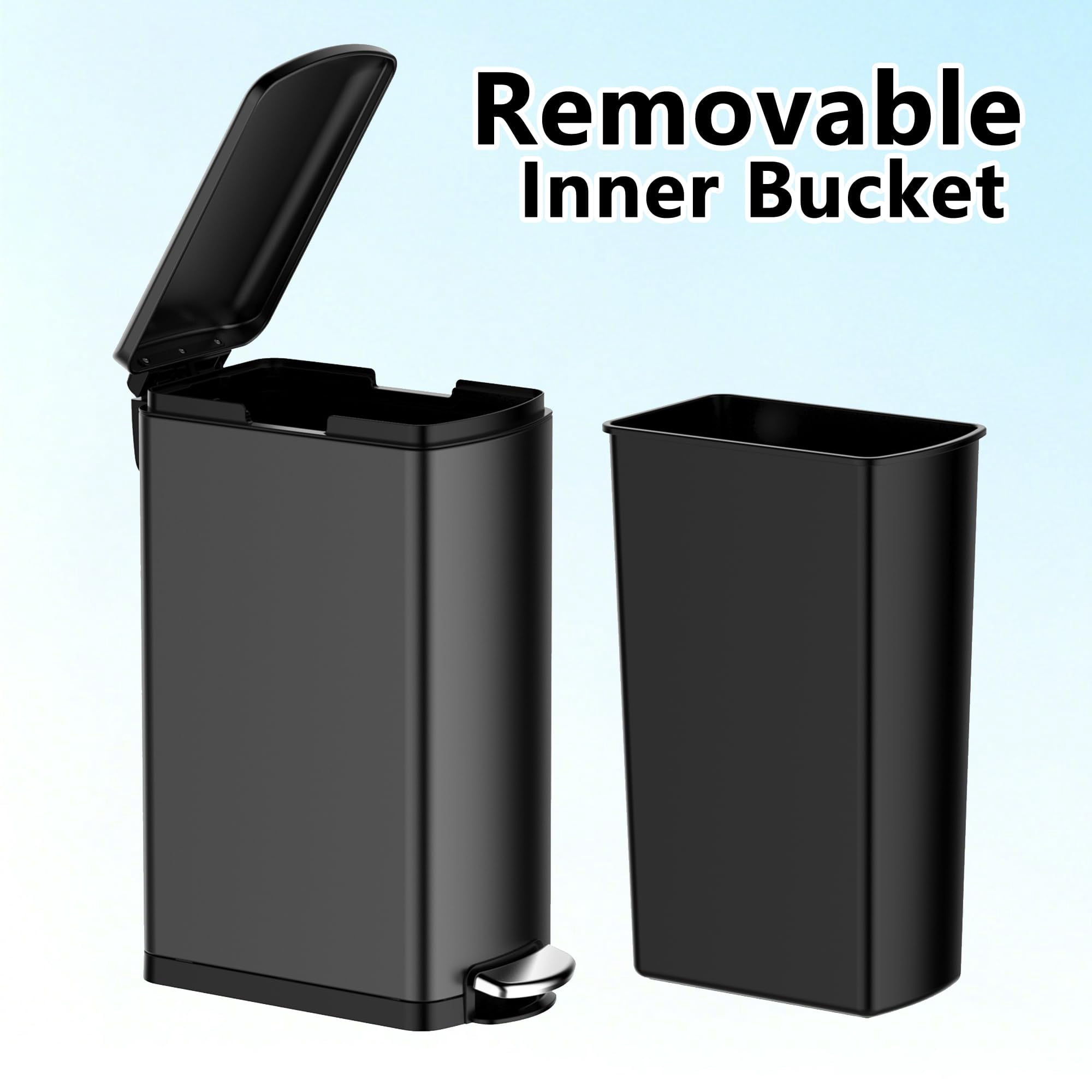 Slim Kitchen Trash Can 13 Gal, Skinny Stainless Steel Garbage Can with Removable Inner Bucket & Soft Close Lid, Narrow Trash Bin for Bathroom Living Room Office, Black