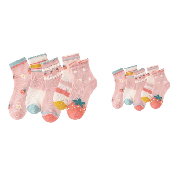 Girls' Mesh Breathable Socks, 5-Pair Soft Cute Cartoon Strawberry Pattern Crew Socks with Ruffled Top for Spring Summer Autumn Daily Walking Wear