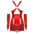 thumbnail image 2 of Kaerm Women 2Pcs Glittery Latin Dance Outfit Cross Front Tassel Leotard with Metallic Gloves Red S, 2 of 7