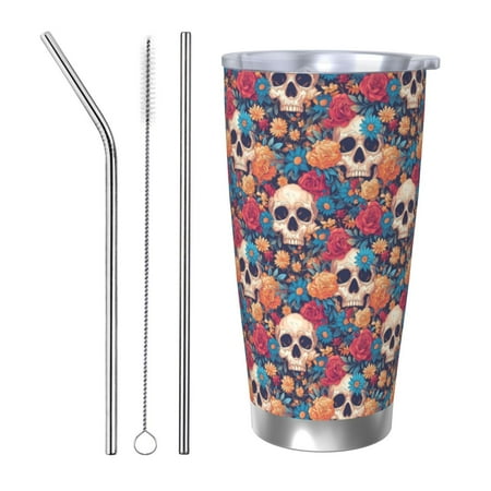 

Tideii colorful Skull rose for 20OZ Car Cup Stainless Steel Cold and Hot Cup with Lid Suitable for Outdoor and Home Unisex-Straw Three-piece Set
