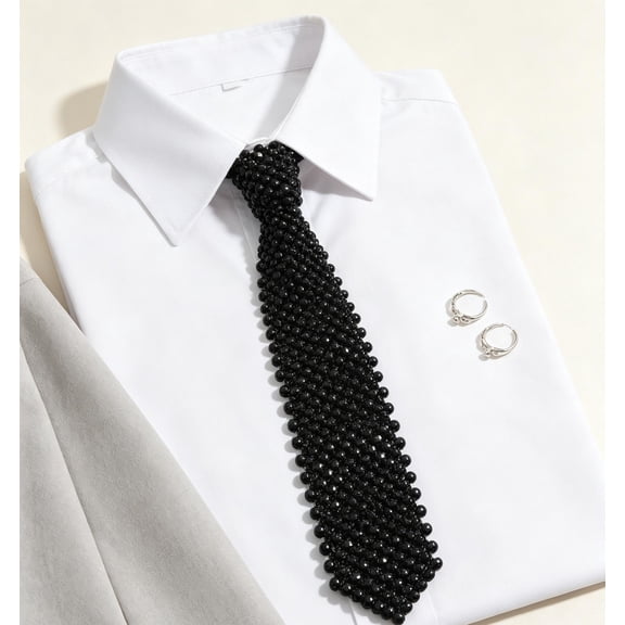 Linvycle Hand Woven Acrylic Pearl Tie Necklace, Black Beaded Necktie Accessory, Adjustable Chain Fashion Shirt Jewelry for Party Wedding Daily Outfit Decor