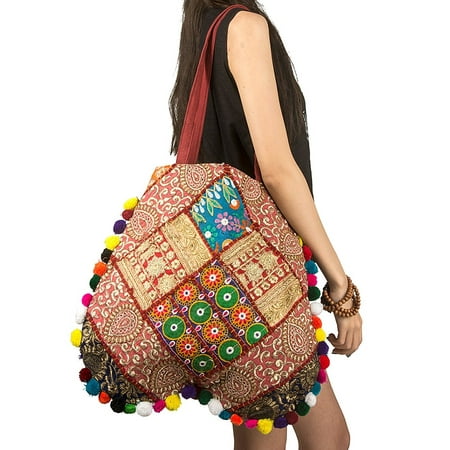 - TribeAzure Gold Beaded Embroidered Handmade Shoulder Tote Bag Boho Handbag Comfortable Pom Tassel Tribal