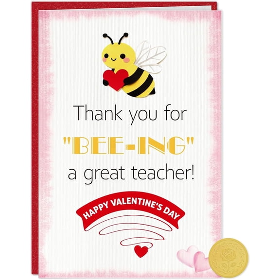 WaaHome Teacher Valentine Card - BEE-ING Pun Happy Valentines Day Cards for Teachers with Envelope - Valentines Day School Card Appreciation Gift for Teacher from Students - 5.5"x8"