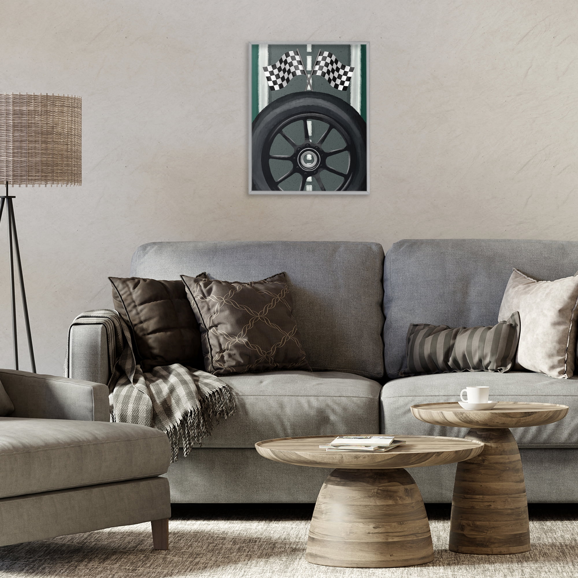 Stupell Industries Racetrack Flags & Tire Gray Framed Giclee Art, design by Jennifer Stith